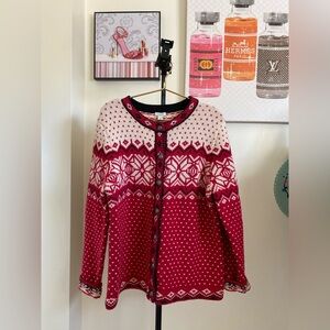 L.L. Bean Red and Cream Nordic Button-Up Cardigan